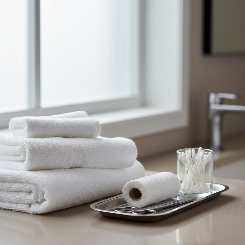 A stack of neatly folded white cotton towels, situated to the left of a silver tray with a roll of gauze, stainless steel ...