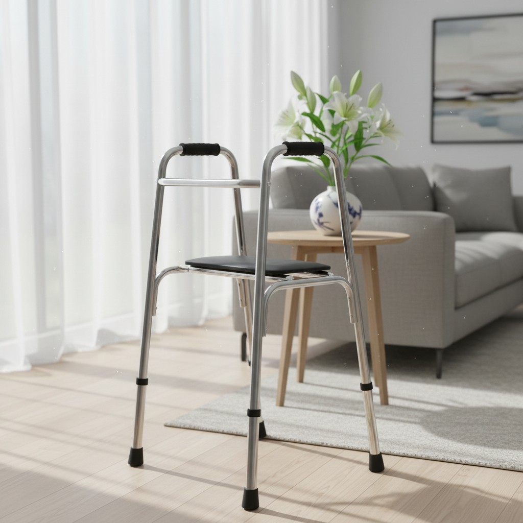 A metal walker with a black cushioned seat and armrests, standing in the middle of a room in front of a living room settin...