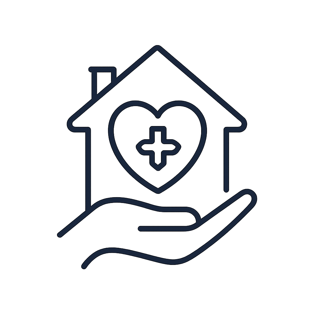 A house outline with a heart outline and plus sign in the center on a hand.